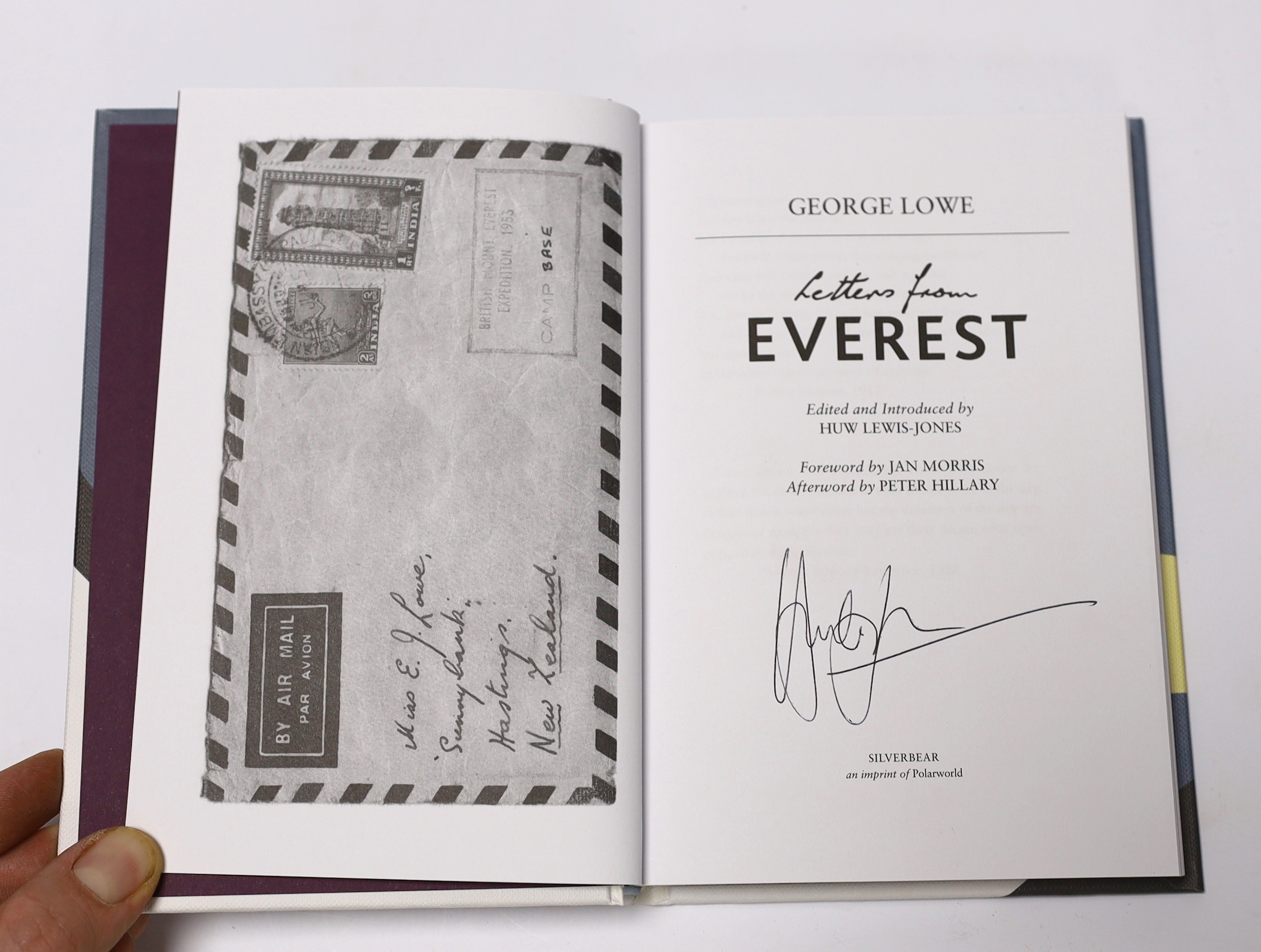 Lowe, George - Letters from Everest, 60th Anniversary collector’s edition, number 10 of 60, signed by Huw Lewis-Jones (editor), Jan Morris and Peter Hillary, a small clipping of George Lowe’s 1953 Everest sleeping bag st
